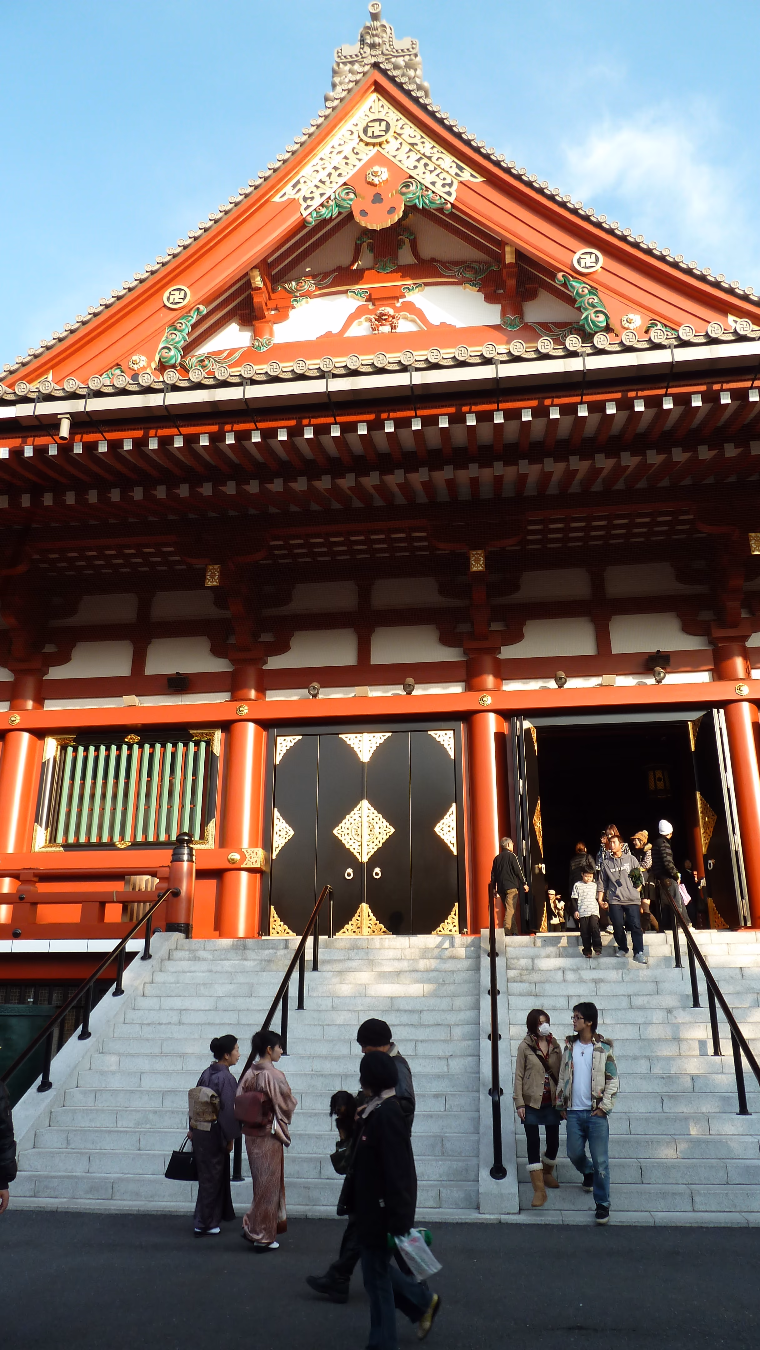 Visitors on the front steps of Senso-ji's Main Hall