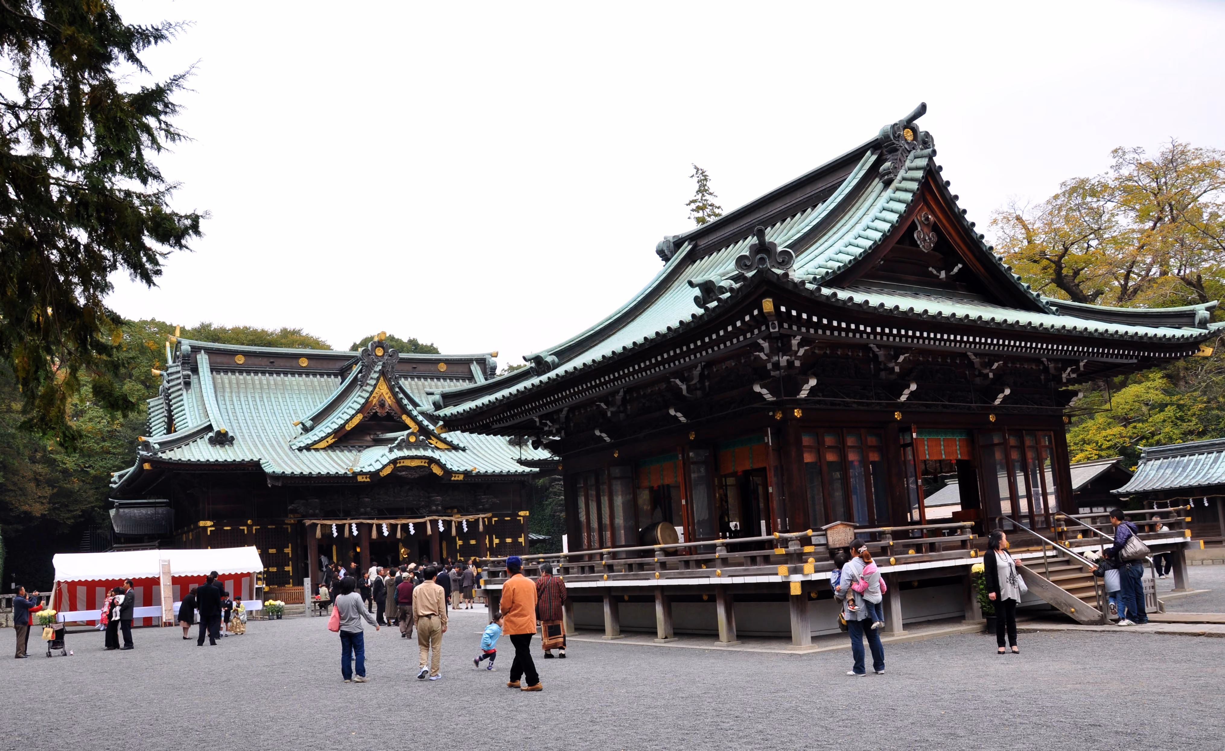 Wide view of Mishima Taisha's main hall and offering hall together, with visitors in the courtyard