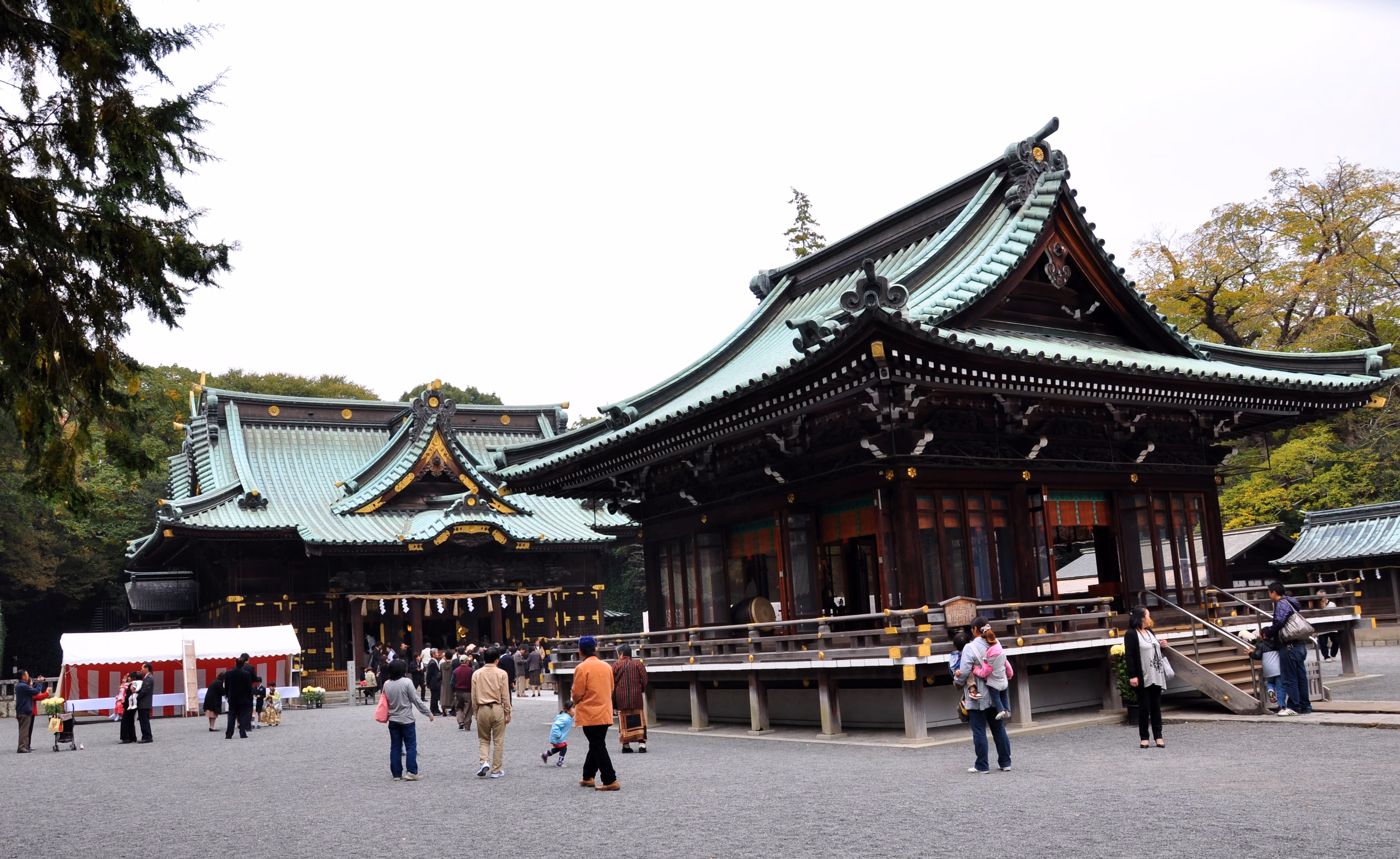 Wide view of Mishima Taisha's main hall and offering hall together, with visitors in the courtyard
