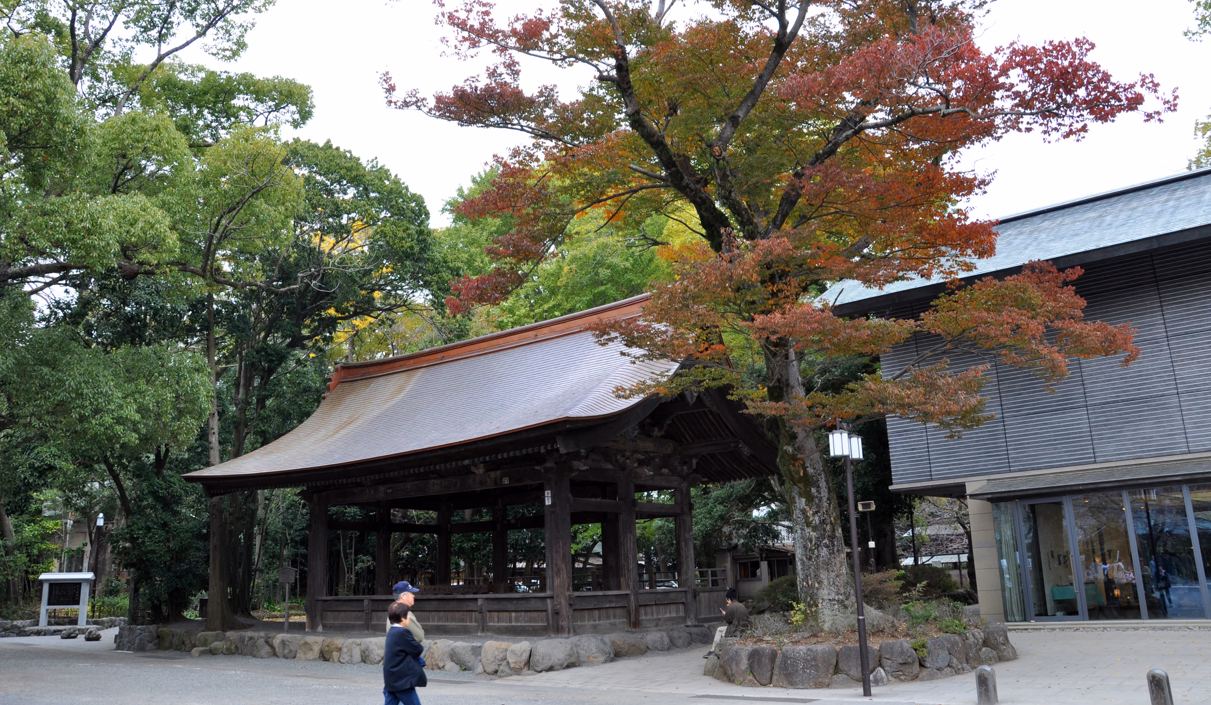 A wooden drum pavilion at Mishima Taisha next to a maple tree in red autumn color