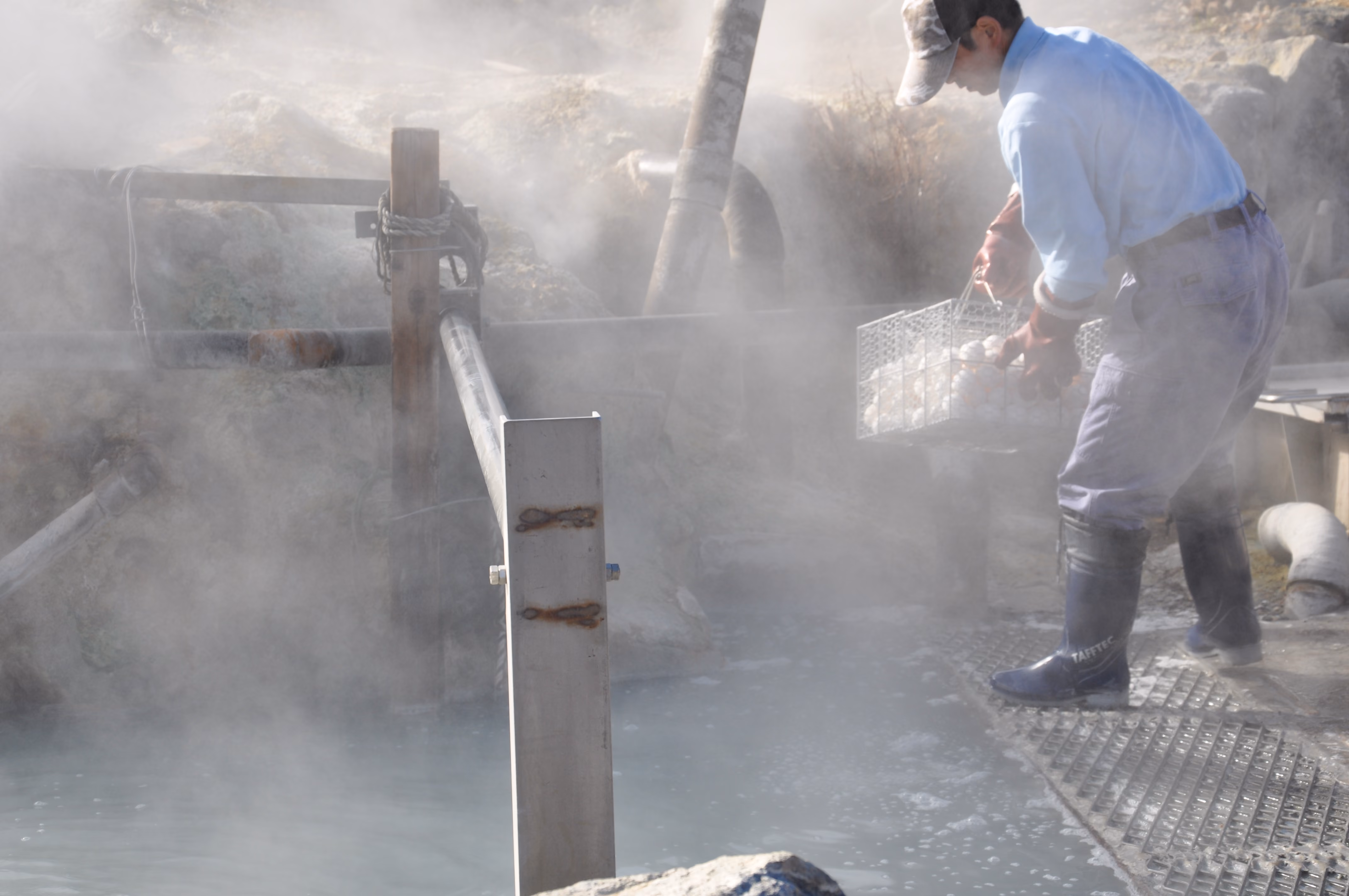 A worker lowering a basket of eggs into a hot spring pool at Owakudani