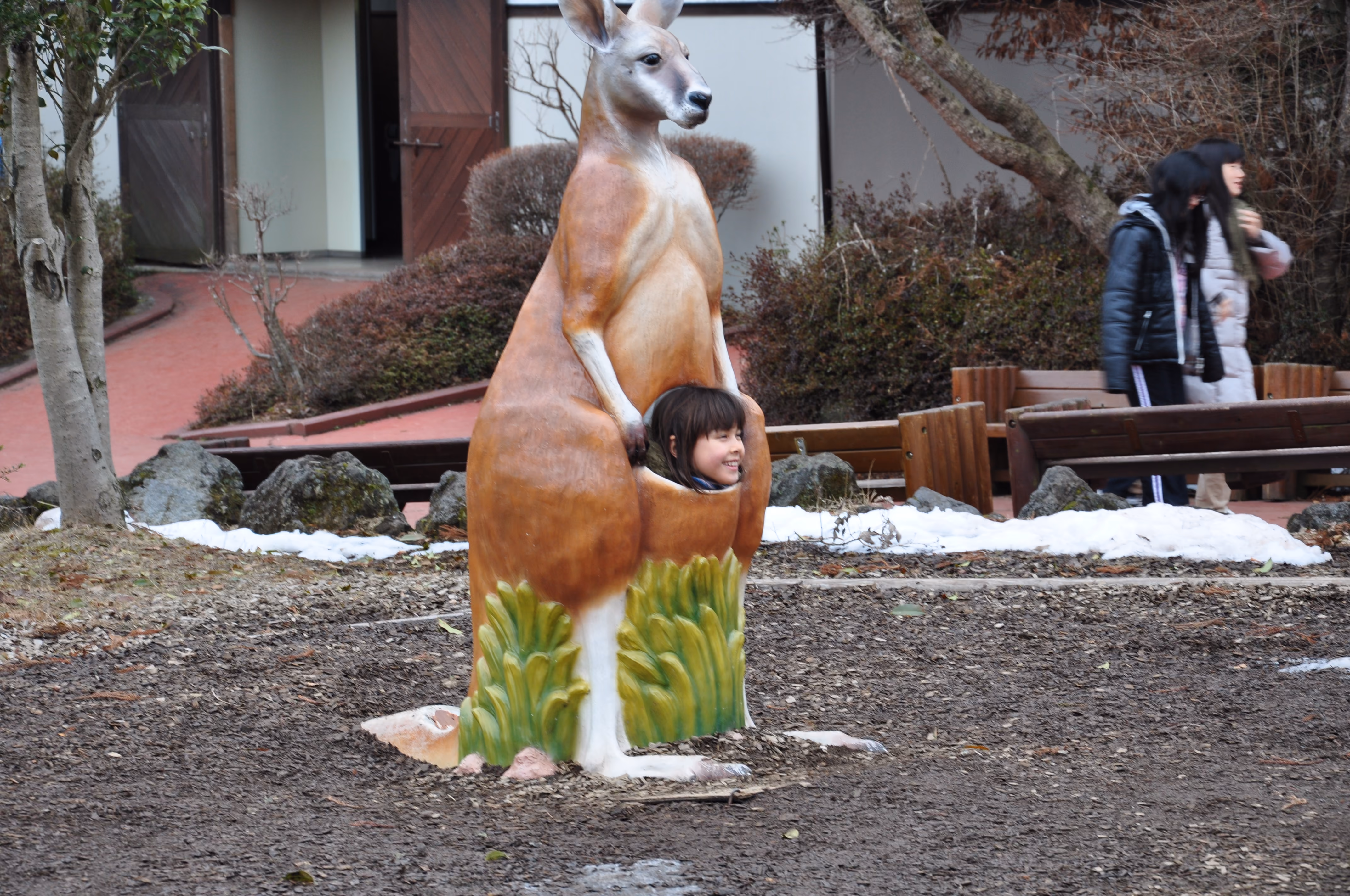 A child's face poking through the pouch of a fiberglass kangaroo photo-op cutout