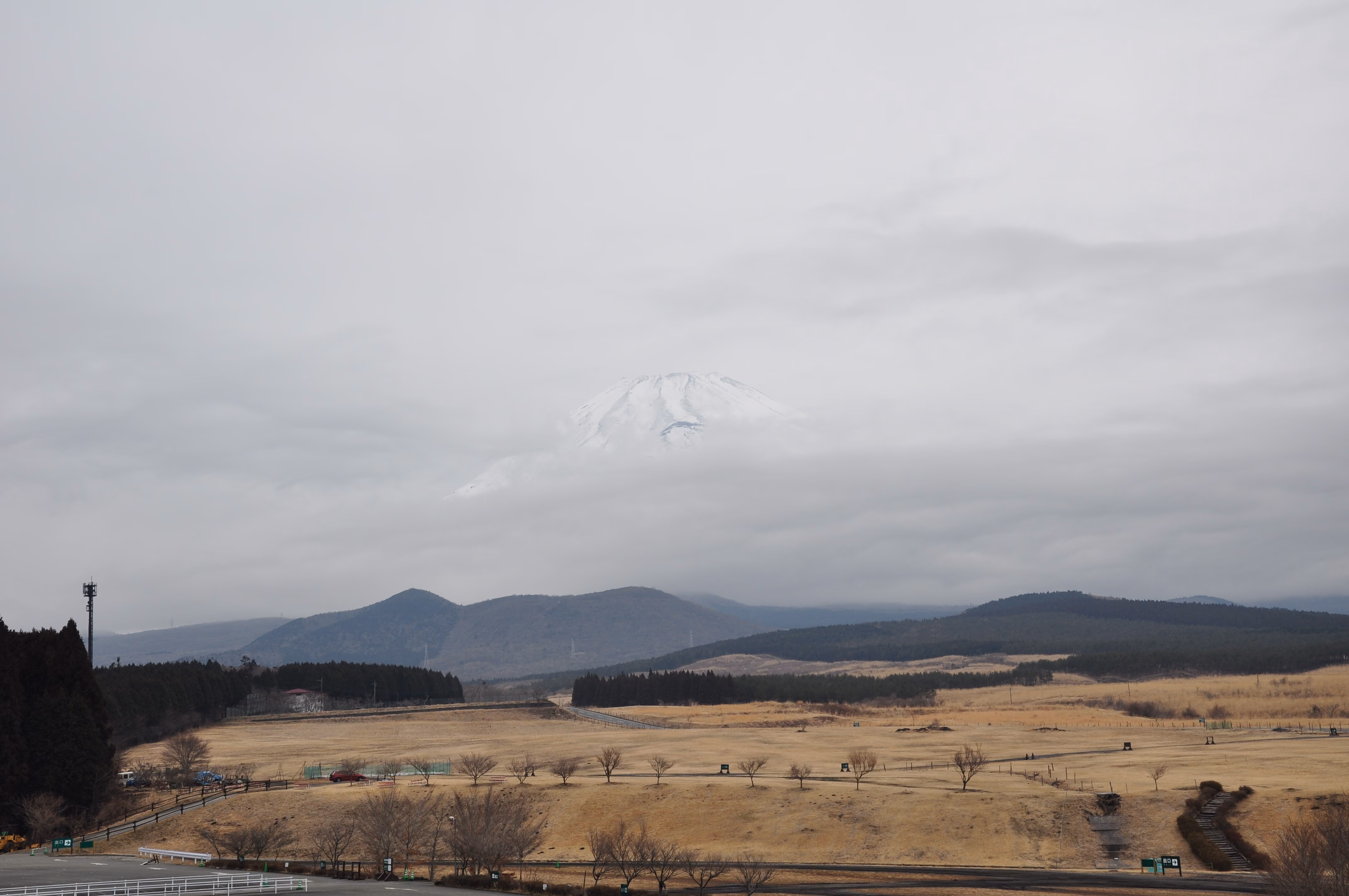Mount Fuji partially obscured by clouds, seen across dry grassland from a hilltop overlook