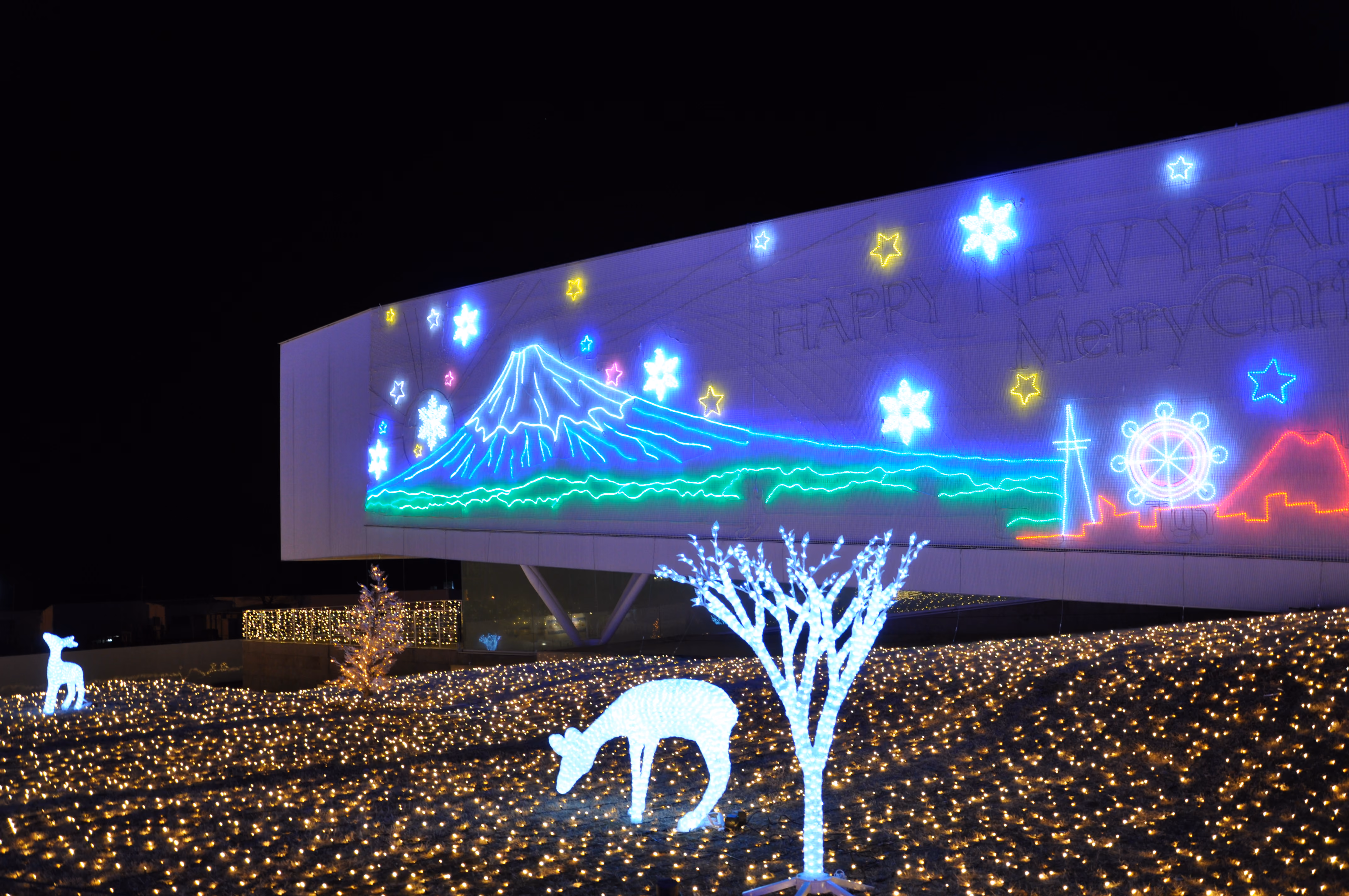 An illuminated outline of Mount Fuji and snowflakes on the side of a building at night, part of a winter illumination display
